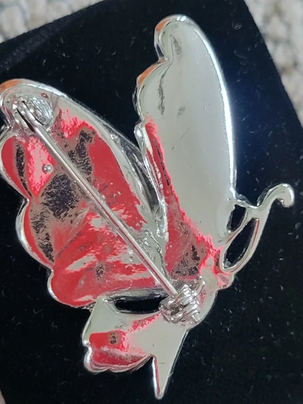Vintage 1950-1960 Silver-Tone Crystal Butterfly Brooch with Red Accent